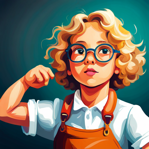 A little girl with curly blonde hair and colorful glasses. continues to invent and bring joy to others