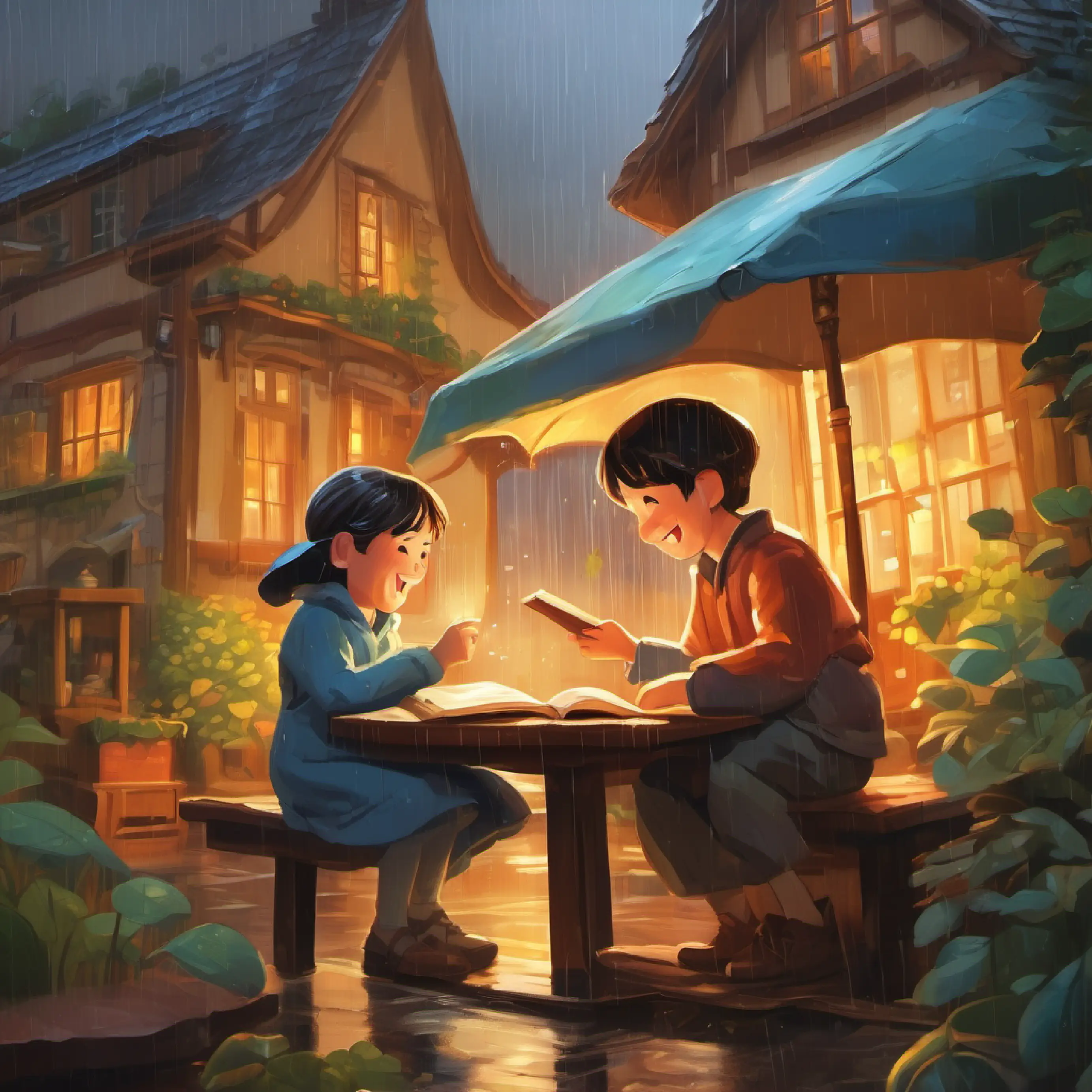 The strengthening of the bond between Josi and the book characters as they share stories and laughter amidst the rainy day.