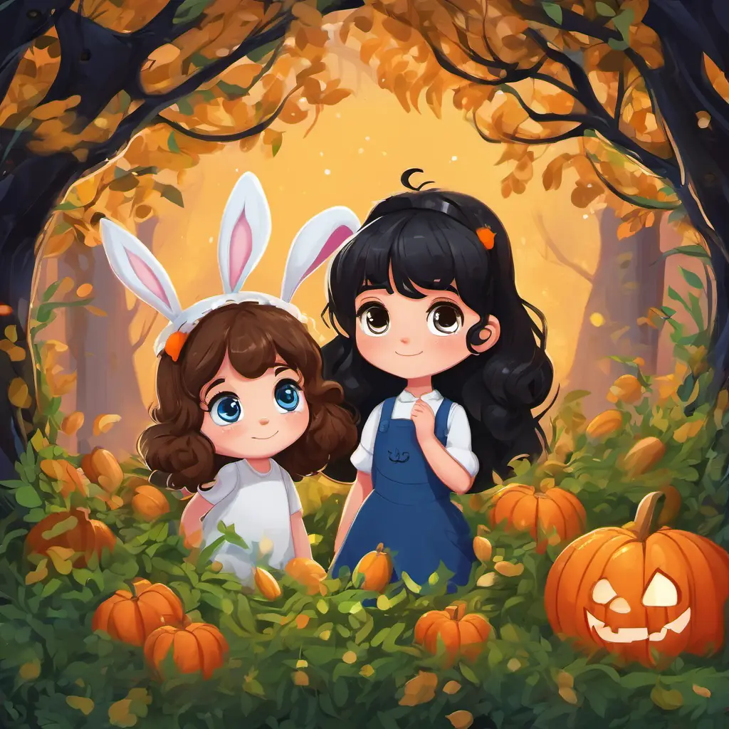 Curly brown hair, big blue eyes (4 words) and Straight black hair, sparkling brown eyes (5 words) find a bunny stuck in a bush. They help it and feel happy about their kind act.