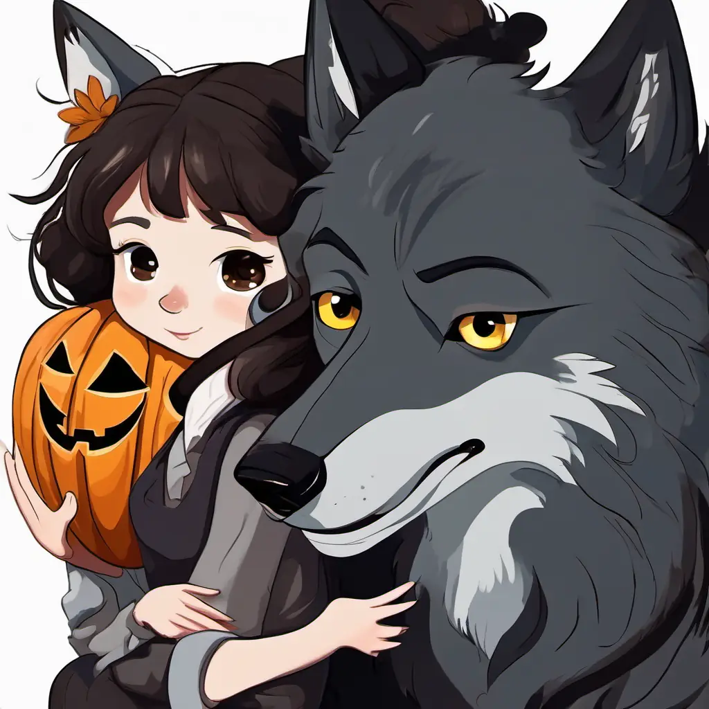 Curly brown hair, big blue eyes (4 words) and Straight black hair, sparkling brown eyes (5 words) meet a scary wolf but manage to stay calm. They discover that the wolf is friendly and just wants to play.