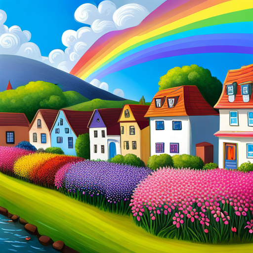 Vibrant Rainbowville - flowers bloom, colorful houses, celebration