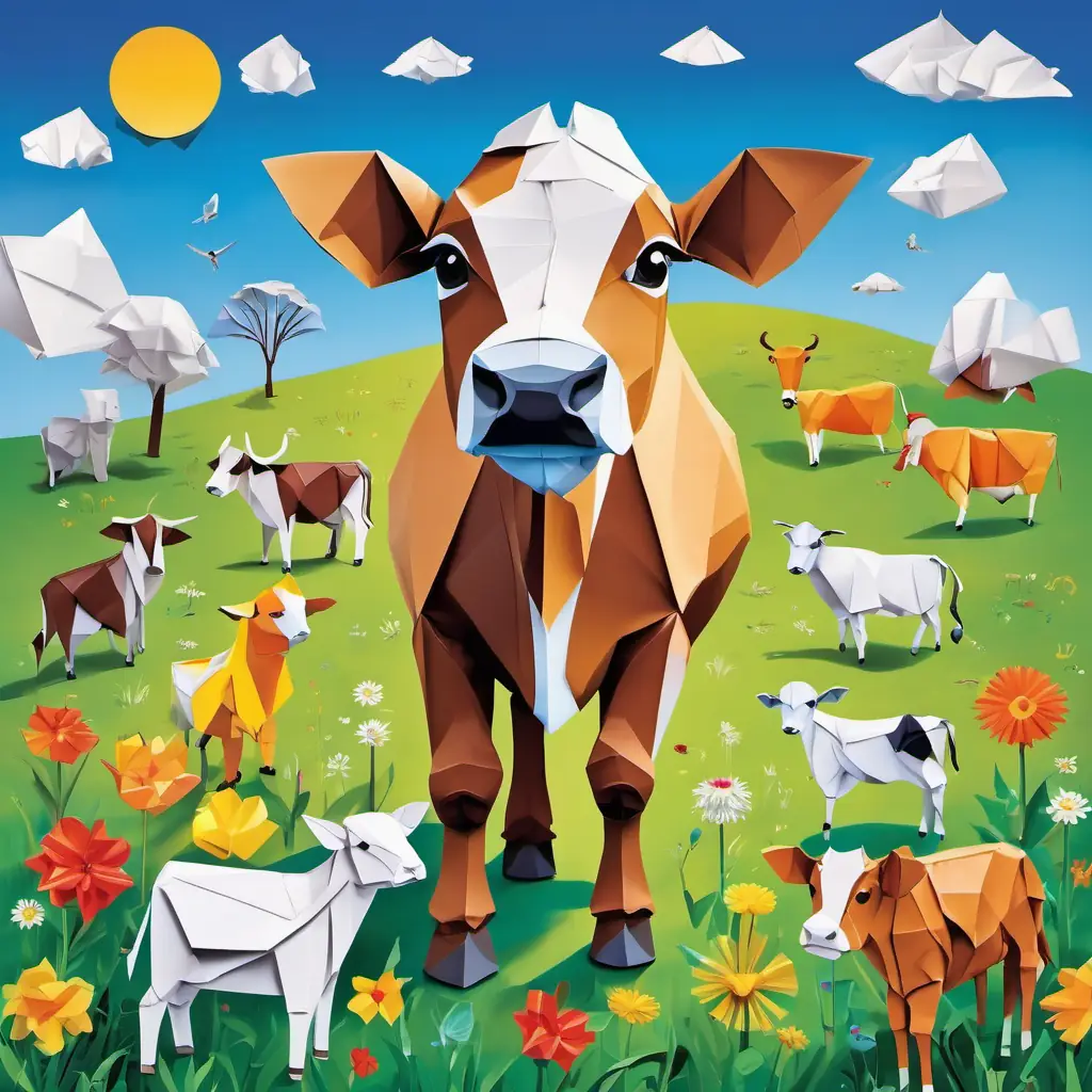 On a bright, flowery meadow, with a blue sky and happy animals. A little brown and white calf with big curious eyes, 10 words max, the little calf, standing with a puzzled expression, and other animals gathered around looking worried.