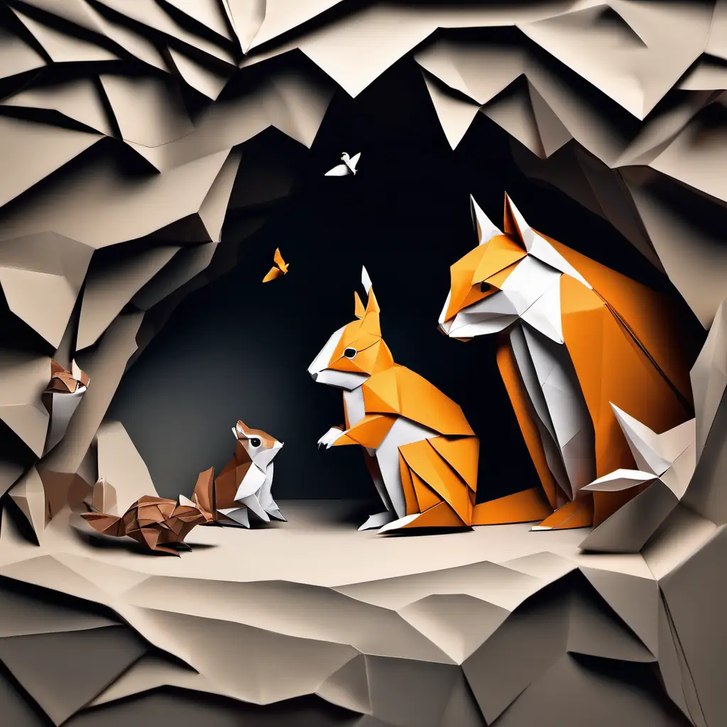 Inside a dark cave, with little scared birds and a chatty squirrel. A little brown and white calf with big curious eyes, 10 words max humming 'moo-choo' and other animals making comforting noises.