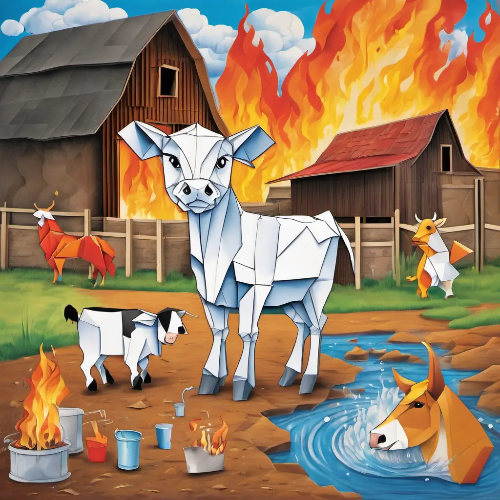 In front of a burning barn, with panicked animals. A little brown and white calf with big curious eyes, 10 words max stomping her hooves and yelling about water, while other animals work together to fill up a bucket from a tap.