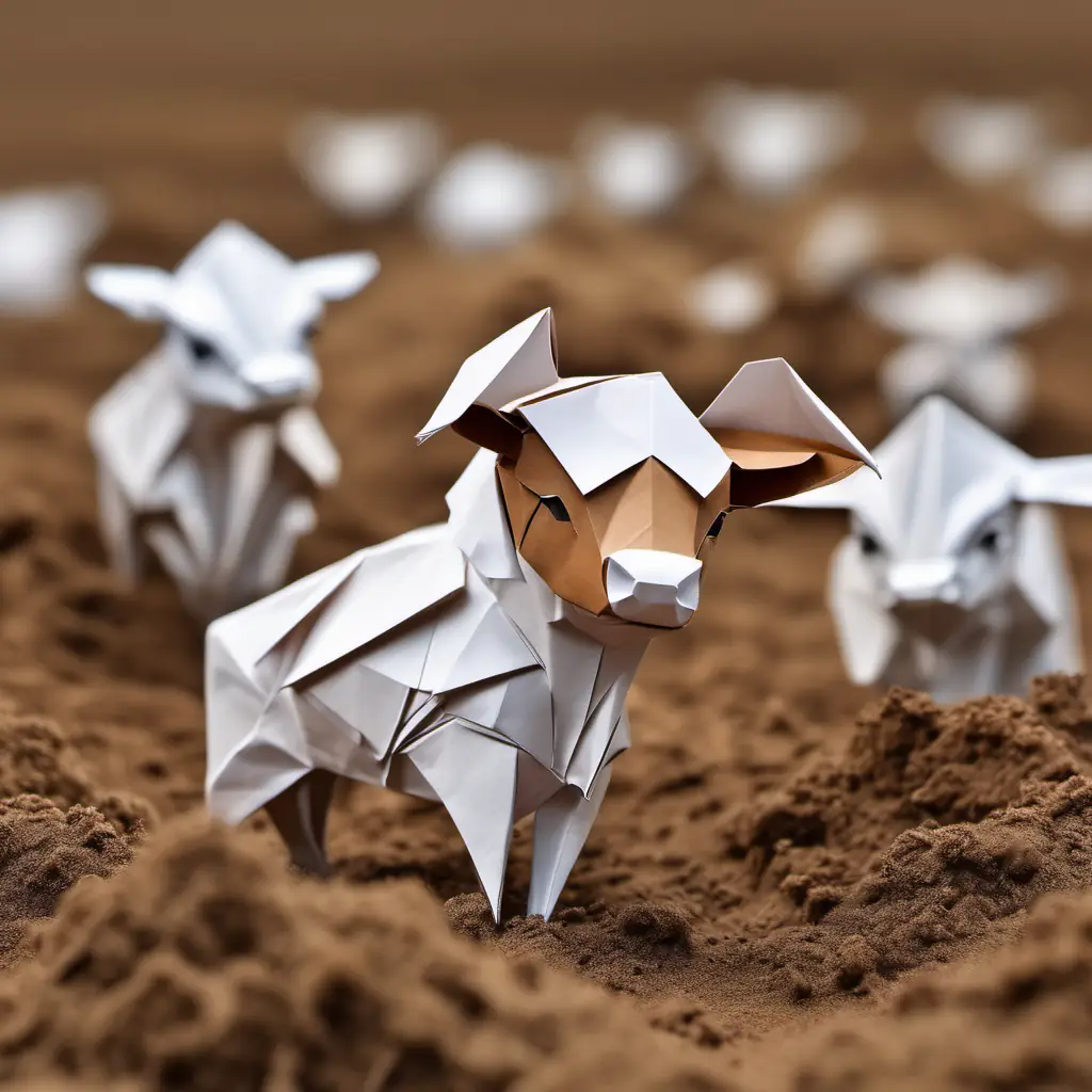 In a muddy field, with animals slipping and falling. A little brown and white calf with big curious eyes, 10 words max holding them and leading the way with a determined expression.