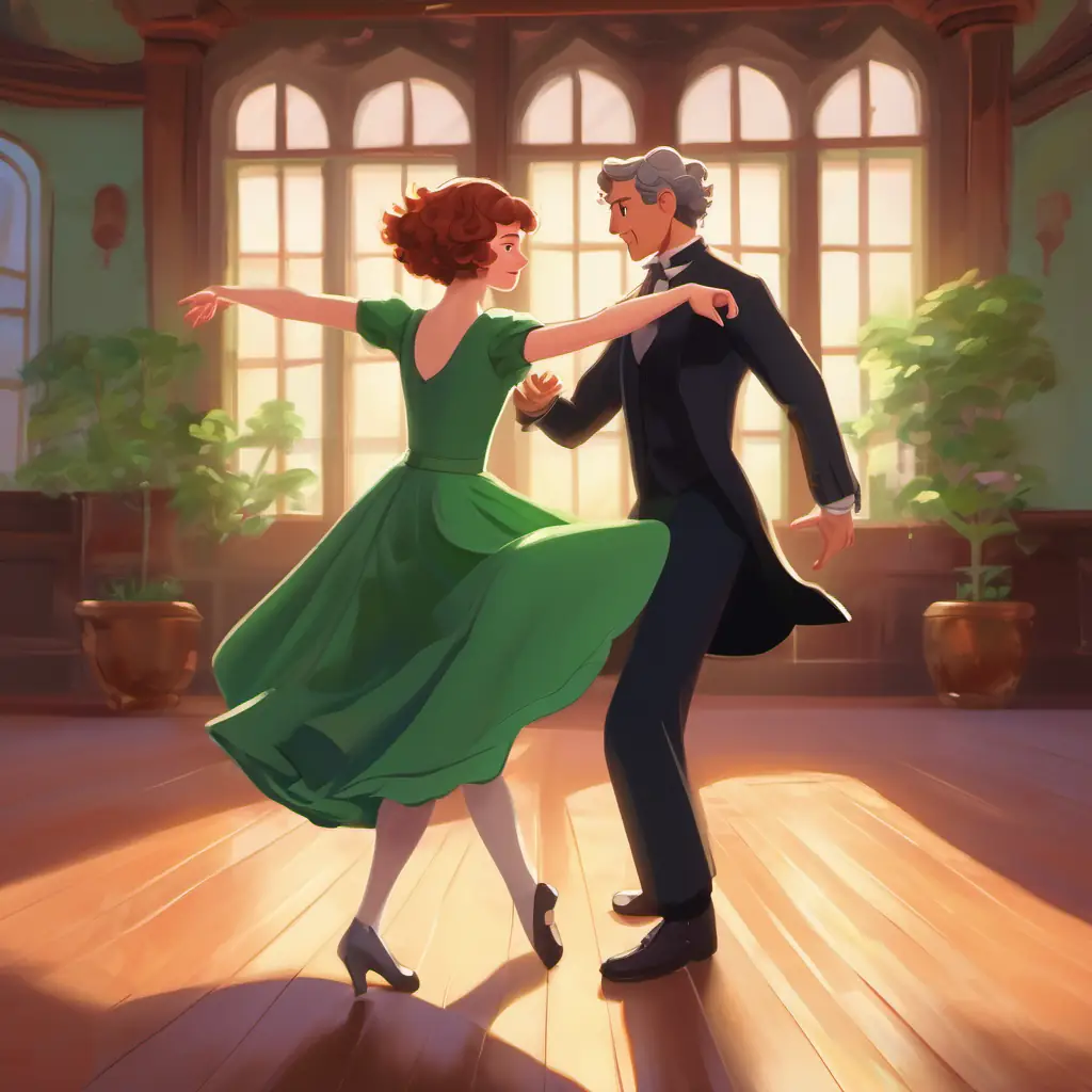 Mr. Van Bone and Constance has short curly hair, green eyes, and fair skin have dance practice.