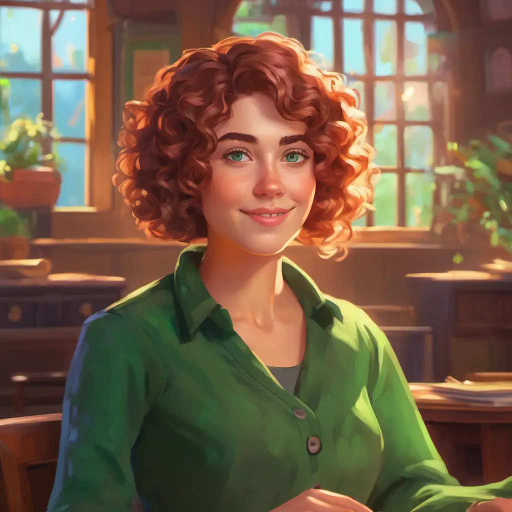 Constance has short curly hair, green eyes, and fair skin in her vibrant STMG class.