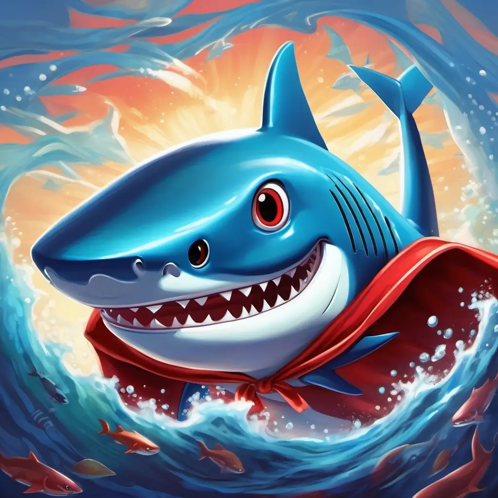 Introduction: Under the sea, introducing Friendly blue shark with shiny white teeth, wearing a red cape the superhero shark with clean, shiny teeth.