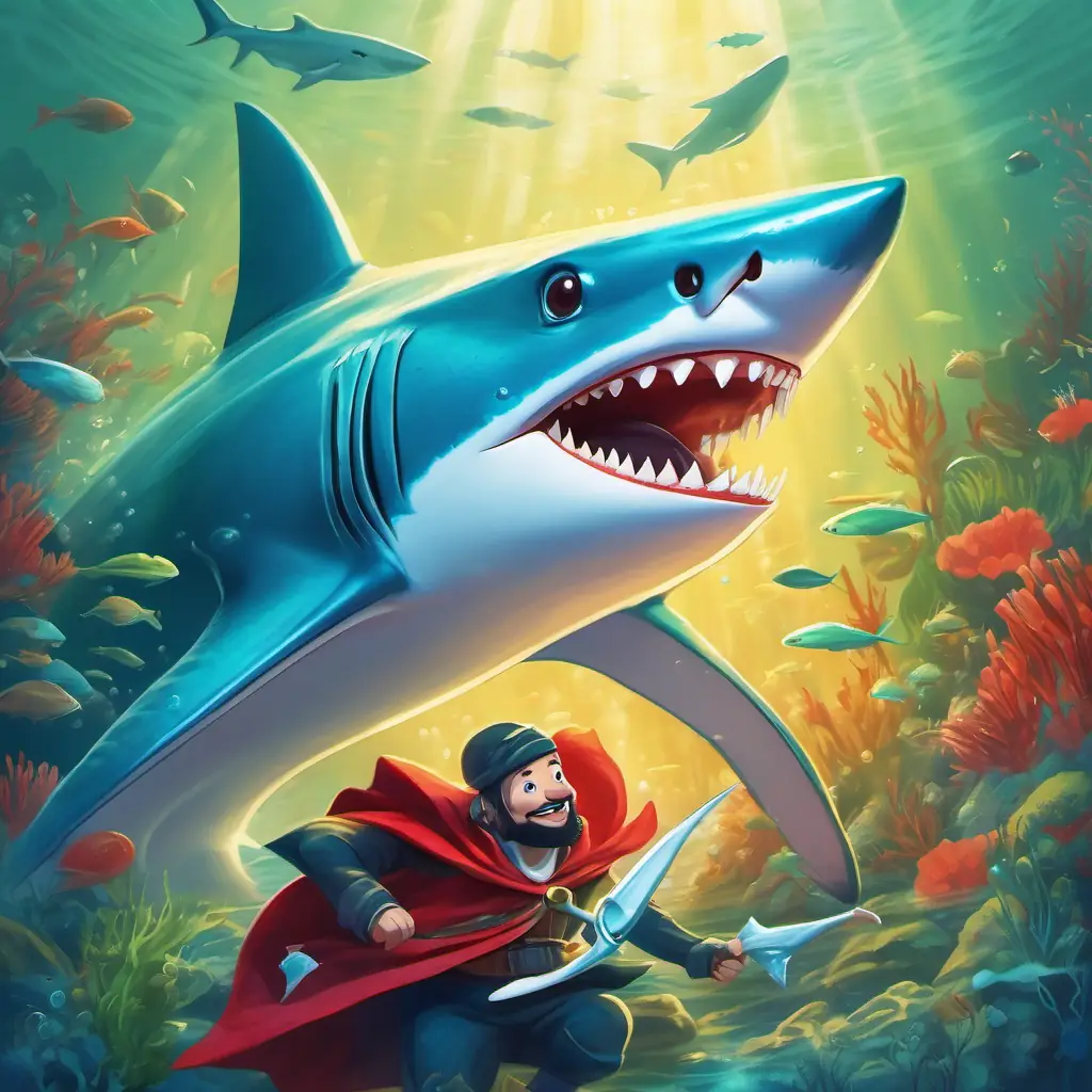 Friendly blue shark with shiny white teeth, wearing a red cape rushes to the rescue with his toothbrush, defeats the Silly pirates with toothbrushes, covered in algae and seaweed.