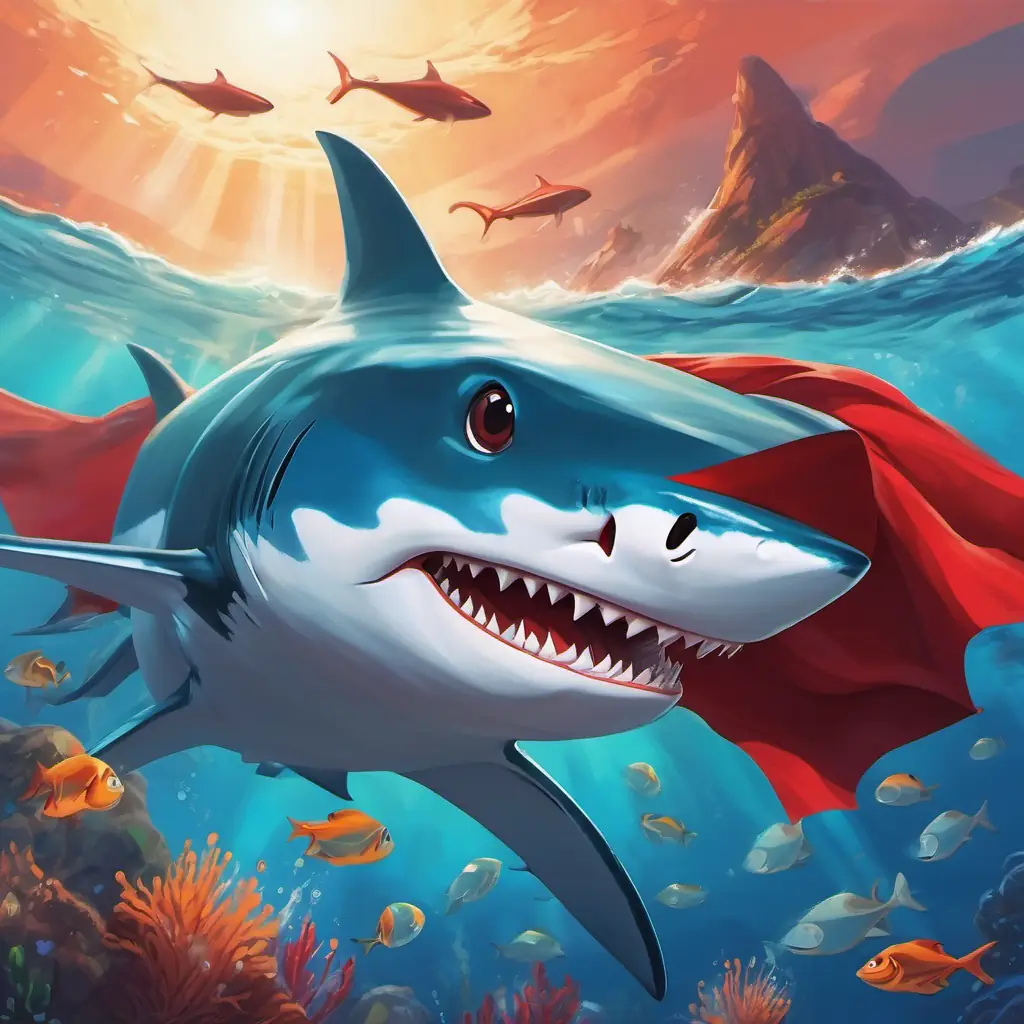 Conclusion, Friendly blue shark with shiny white teeth, wearing a red cape becomes the protector of the sea and forms a superhero team with friends.