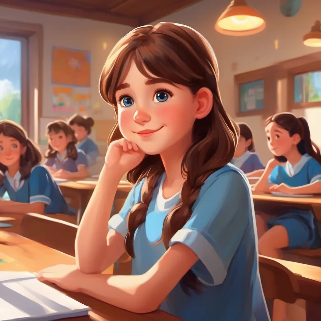 Introducing Young girl, brown hair, fair skin, blue eyes, shy demeanor, daydreaming at school, cheerful classroom atmosphere.