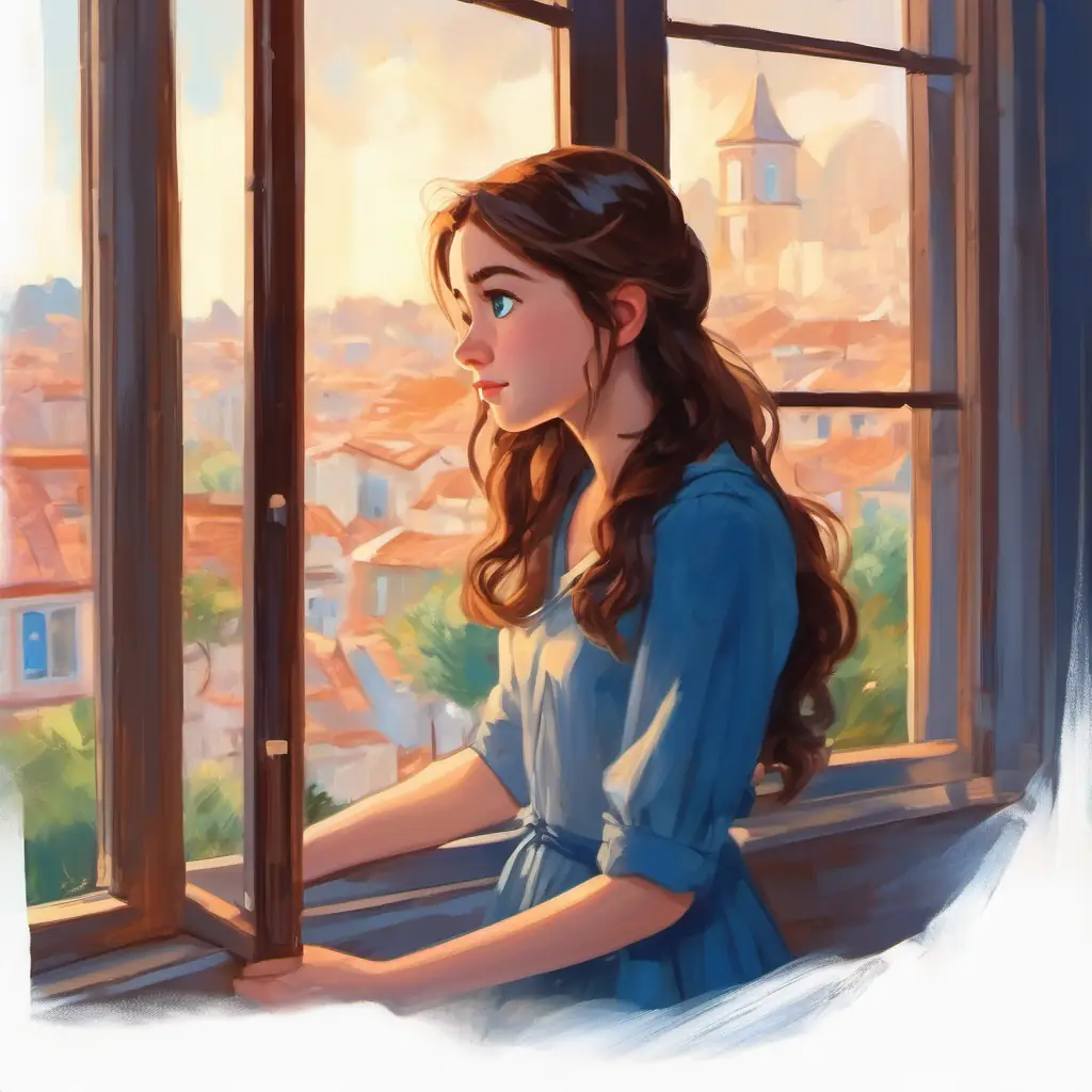 Young girl, brown hair, fair skin, blue eyes, shy demeanor looks out the window, quietly saying her secret boyfriend's name.