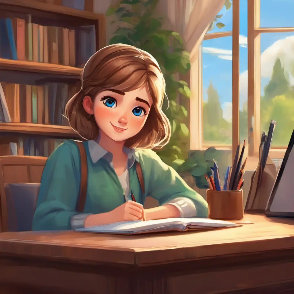 Young girl, brown hair, fair skin, blue eyes, shy demeanor responds shyly to Emily’s best friend, short blond hair, freckles, green eyes, cheerful, feeling embarrassed but still at her desk.