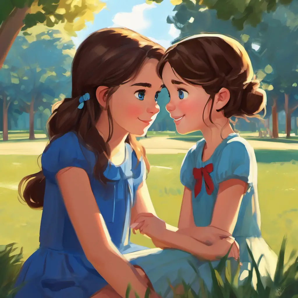 Young girl, brown hair, fair skin, blue eyes, shy demeanor and Young girl, brown hair, fair skin, blue eyes, shy demeanor's secret friend, dark hair, tanned skin, kind brown eyes see each other at the park, both too shy to initiate conversation.