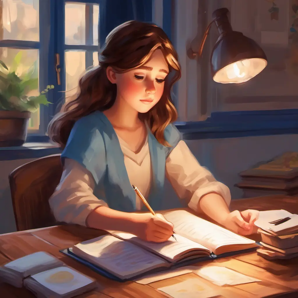 Young girl, brown hair, fair skin, blue eyes, shy demeanor writes in her diary, reflecting on her emotions and the day's events.