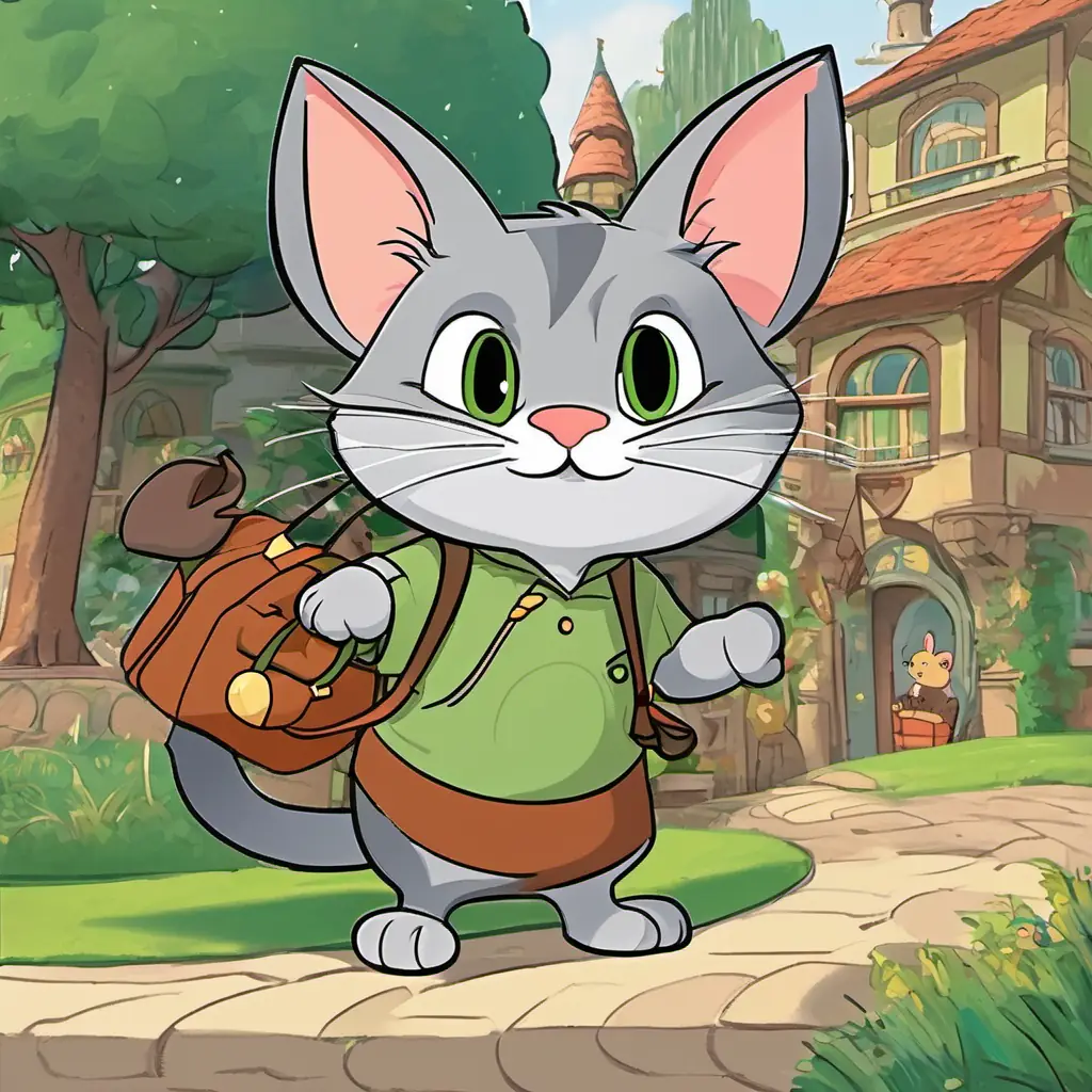 Tom - a mischievous gray cat with green eyes and Jerry - a clever brown mouse with big round ears standing in front of Mouseville, ready for their adventure