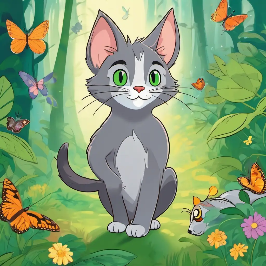 Tom - a mischievous gray cat with green eyes and Jerry - a clever brown mouse with big round ears walking through the Enchanted Forest, surrounded by butterflies and birds