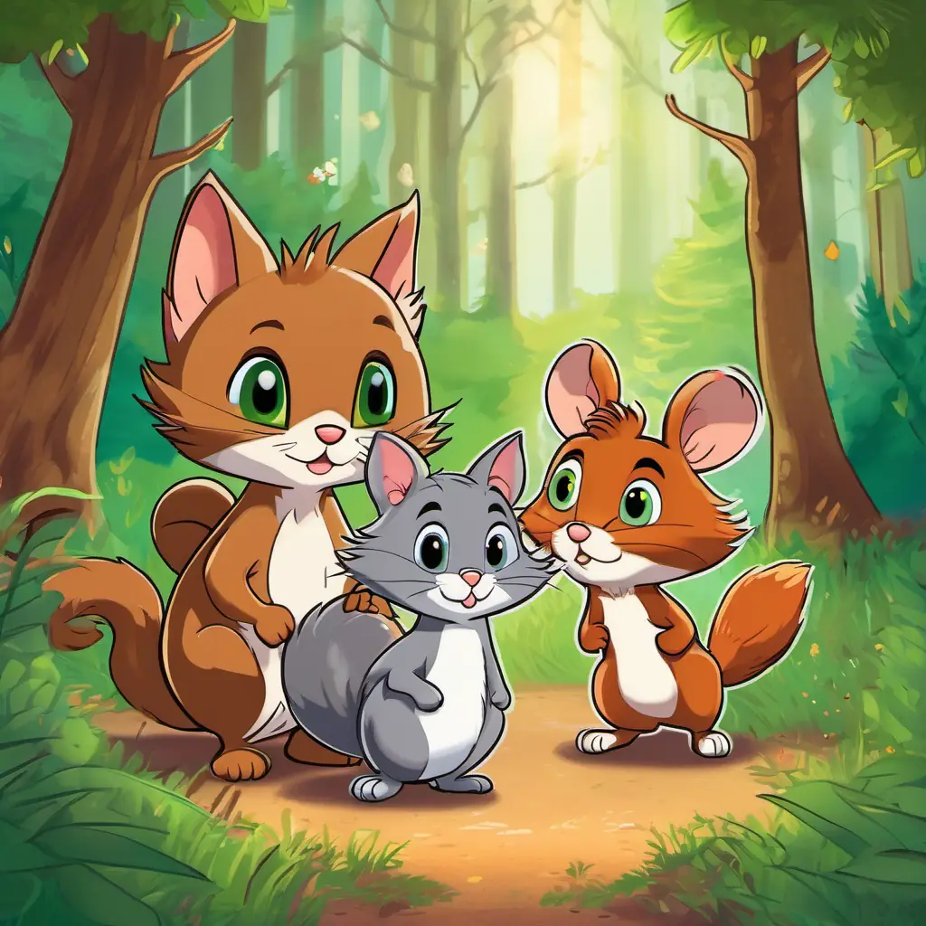 Tom - a mischievous gray cat with green eyes, Jerry - a clever brown mouse with big round ears, and Sammy - a mischievous squirrel with a fluffy tail and bright brown eyes standing together, with the Enchanted Forest in the background