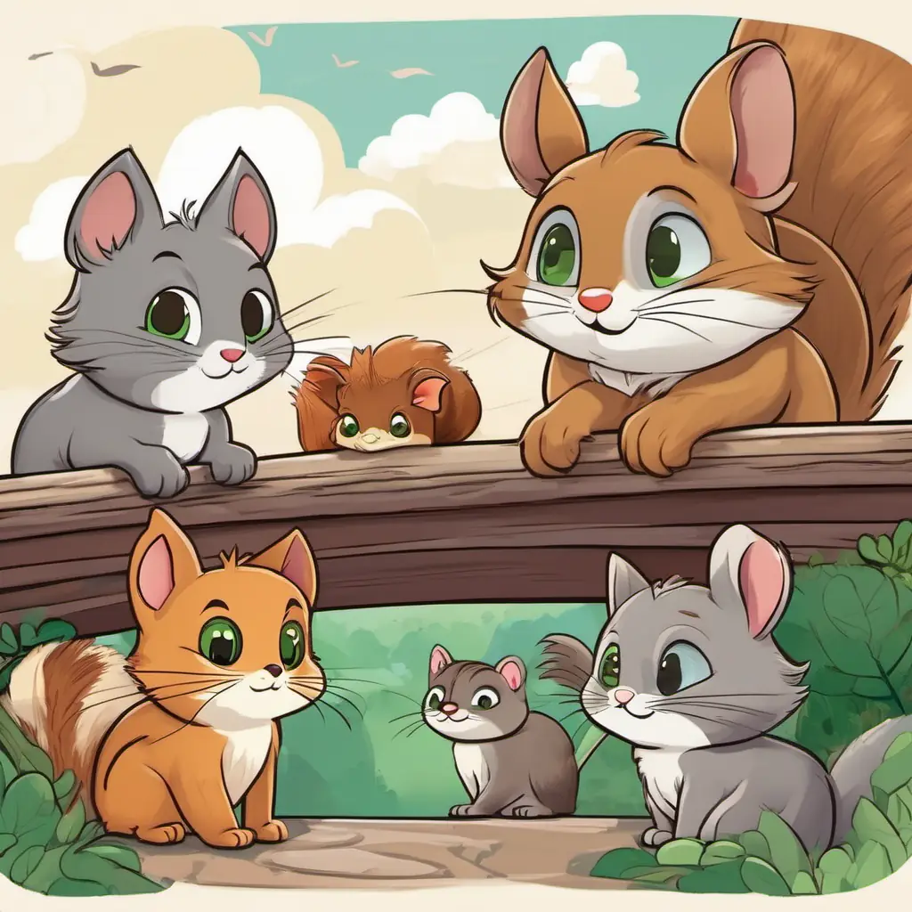 Tom - a mischievous gray cat with green eyes, Jerry - a clever brown mouse with big round ears, and Sammy - a mischievous squirrel with a fluffy tail and bright brown eyes crossing the Bridge of Whispers, whispering to each other