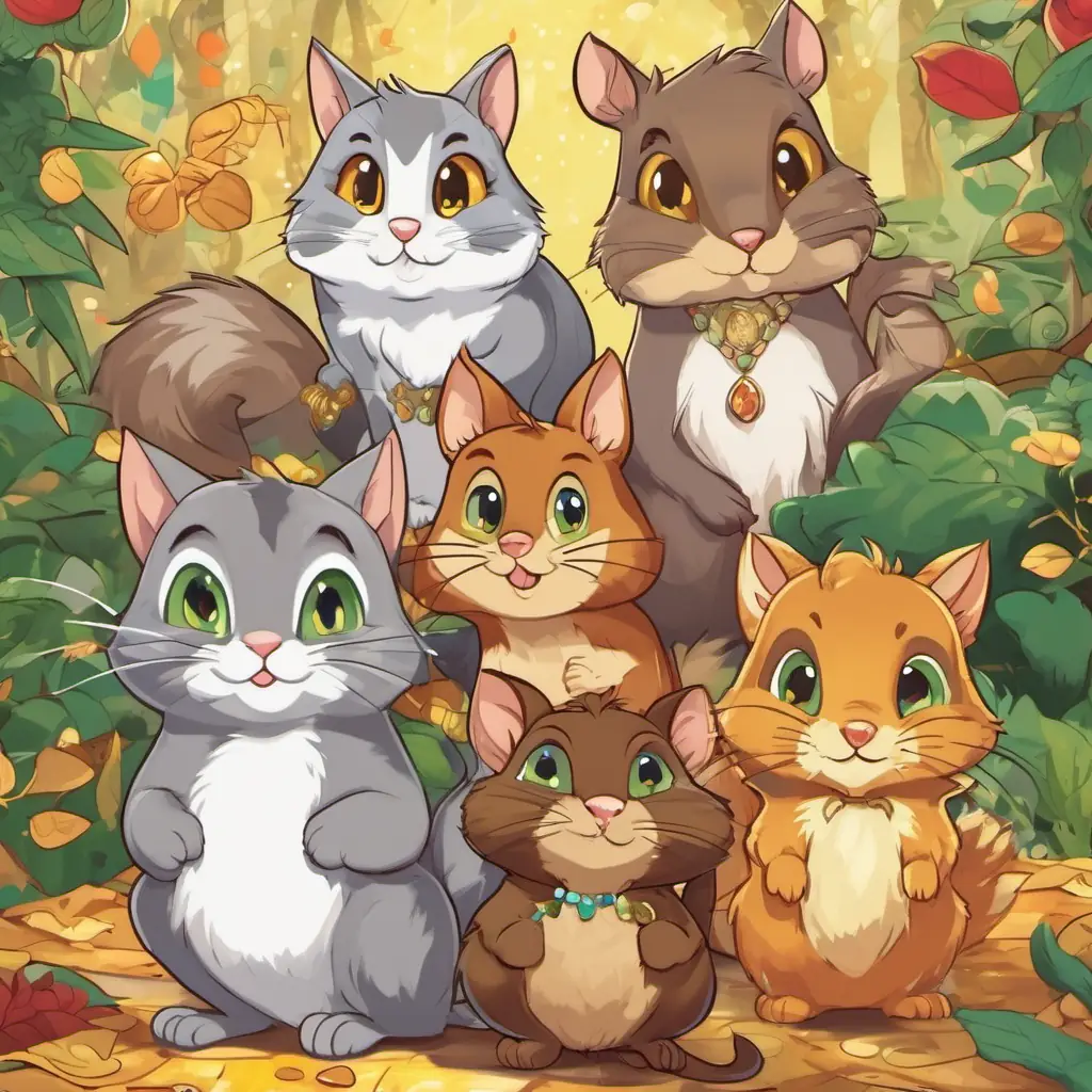 Tom - a mischievous gray cat with green eyes, Jerry - a clever brown mouse with big round ears, and Sammy - a mischievous squirrel with a fluffy tail and bright brown eyes standing in front of the sparkling chest, filled with gold and jewels