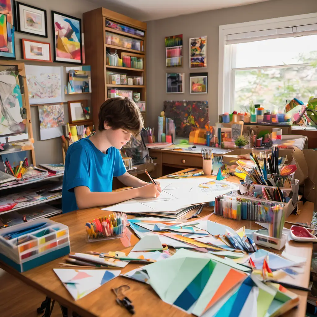 A 14-year-old artist with brown hair and hazel eyes's bedroom, filled with art supplies and his drawing desk.