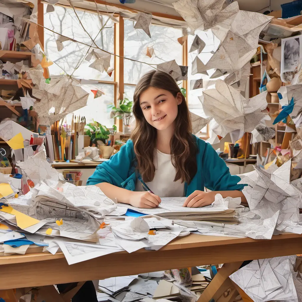 A 14-year-old artist with brown hair and hazel eyes's messy art studio, cluttered with sketches, books, and reference images.