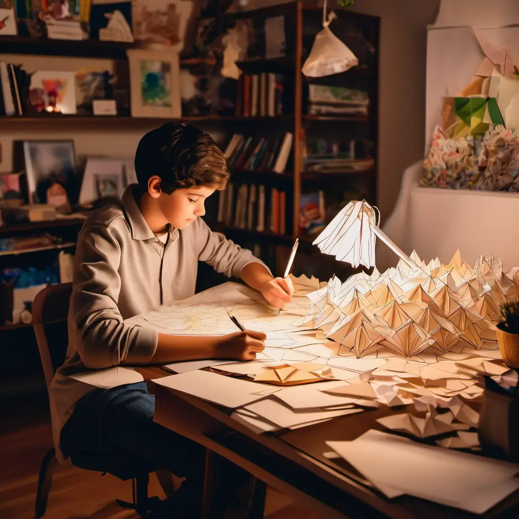 A 14-year-old artist with brown hair and hazel eyes's art studio at night, illuminated by the soft light of his desk lamp.