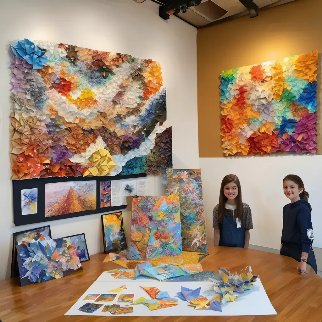 A 14-year-old artist with brown hair and hazel eyes's art studio, transformed into a gallery, showcasing his finished artwork.