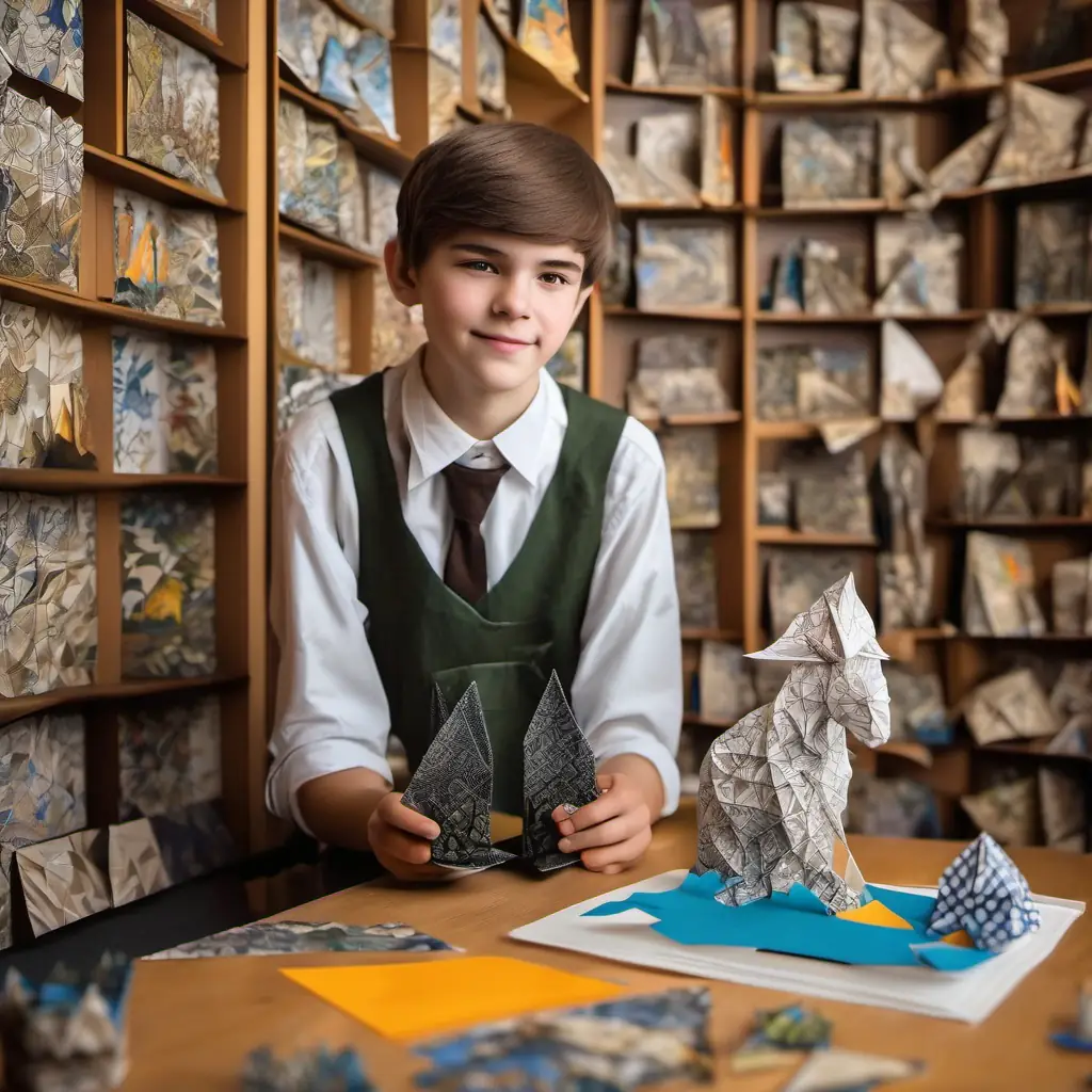 A 14-year-old artist with brown hair and hazel eyes's art studio, adorned with his finished masterpiece of Dostoyevsky.