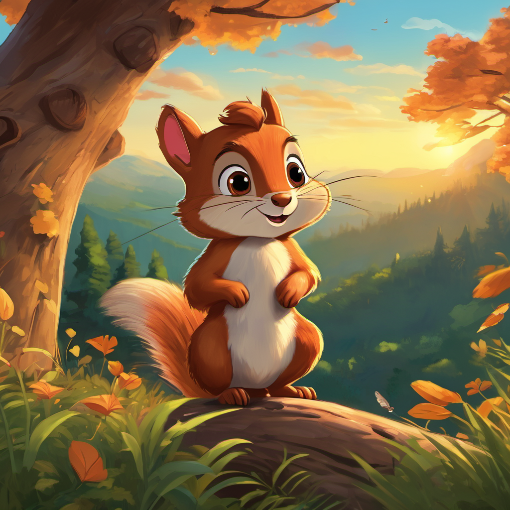 As Aero waited, the sun started to set, coloring the sky with a breathtaking display of shades. Aero's tired eyes began to droop, but he fought against sleep, determined to see his mission through. Suddenly, as the last rays of sunlight disappeared, the curious squirrel timidly emerged from its burrow. Aero's heart leaped with excitement as he expertly swooped down, catching the squirrel by surprise. His determination had paid off! The little squirrel struggled in his strong talons, but Aero knew it was all part of nature's balance. With a grateful heart, he gave thanks to the squirrel for providing him with a meal and promised to use this energy to continue exploring the mountains.