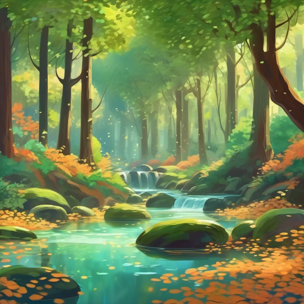 a whimsical forest with a sparkling stream and rustling leaves