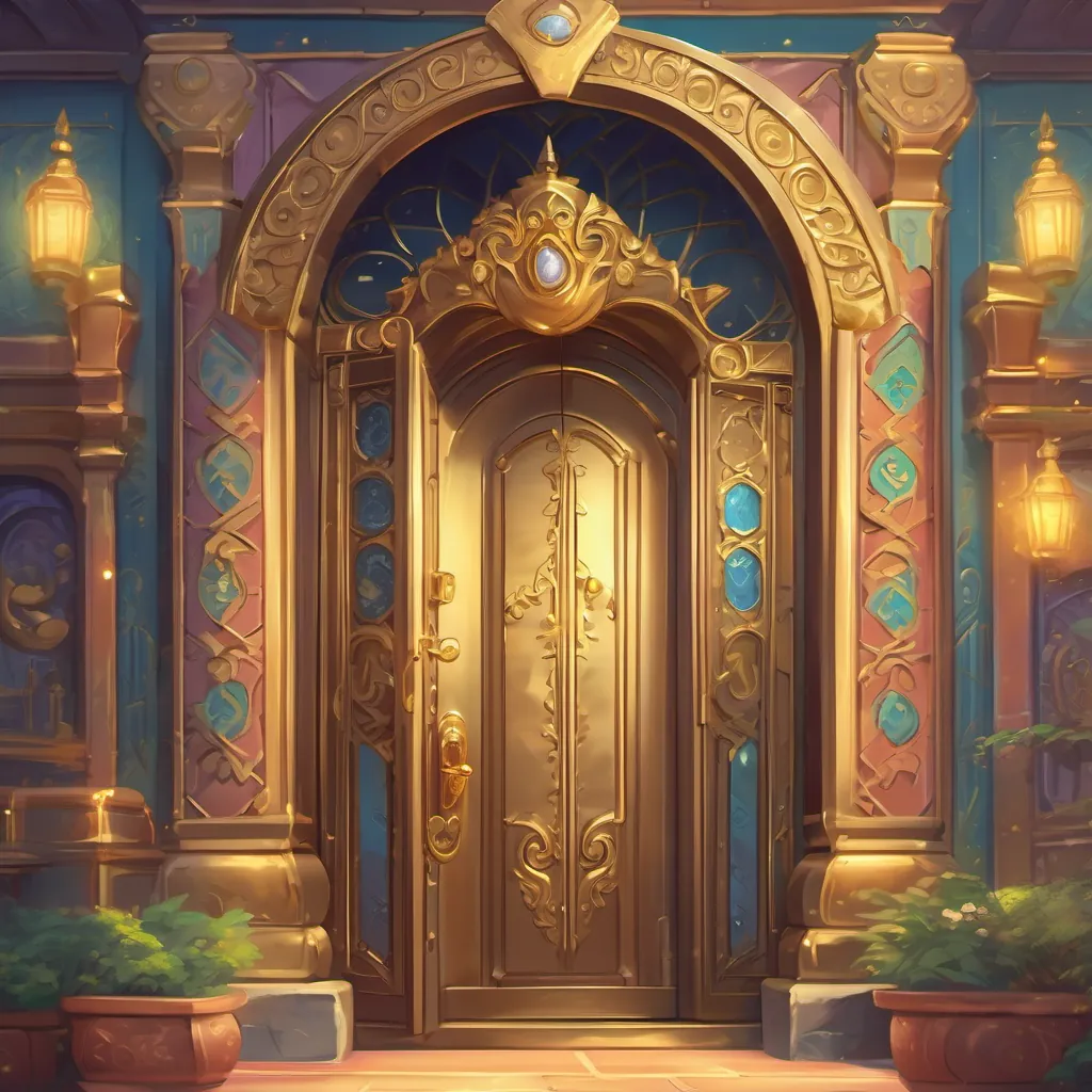 a golden-locked door and glittering treasure chamber behind it