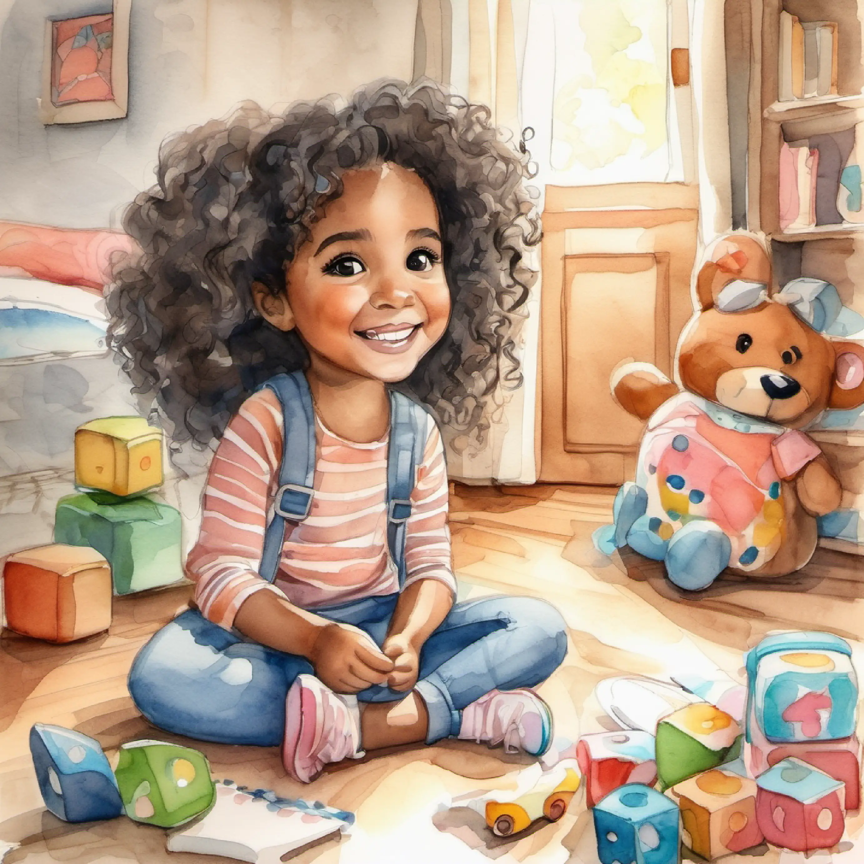 Cheerful girl, brown skin, curly black hair, big brown eyes, in her room playing with toys.