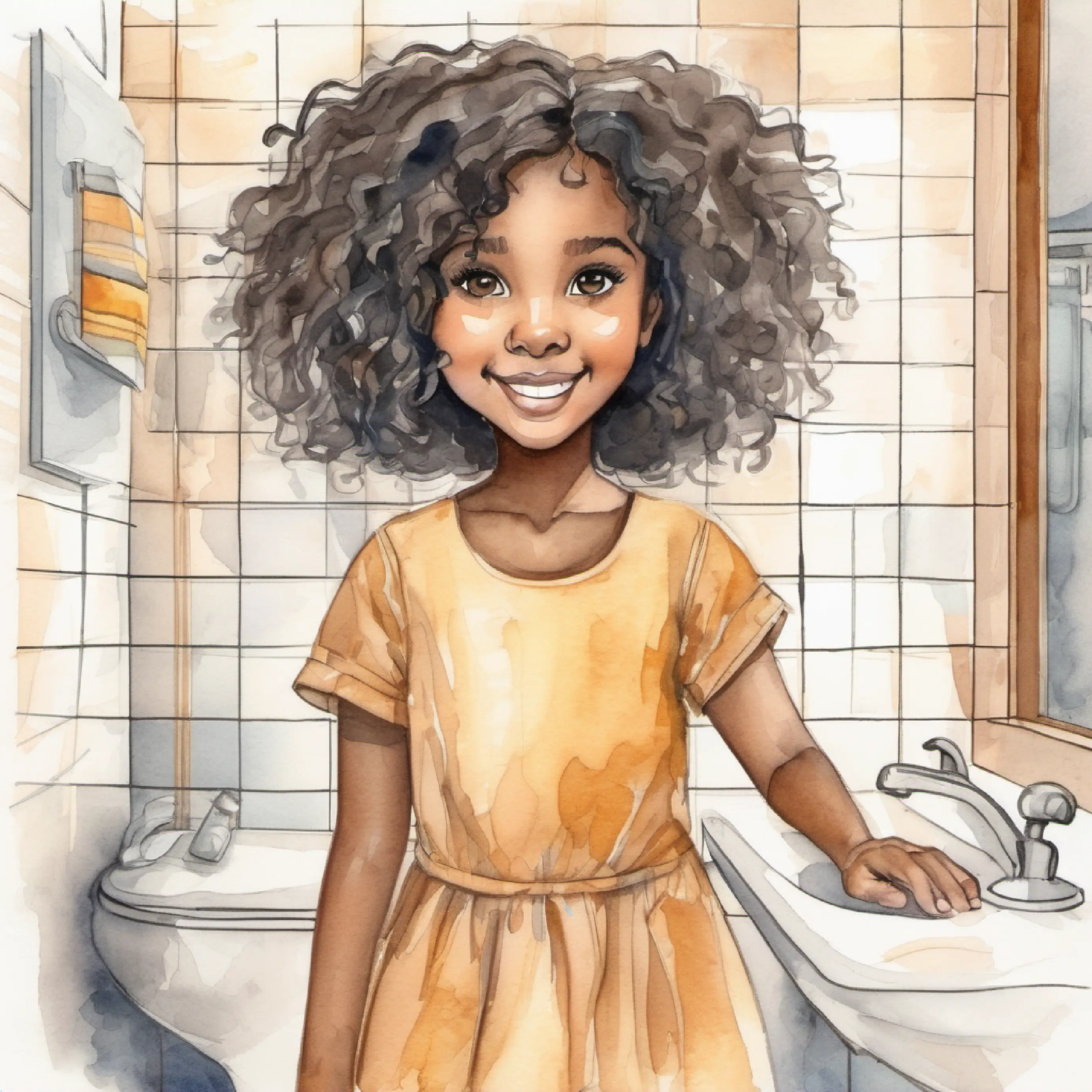 Bathroom, Cheerful girl, brown skin, curly black hair, big brown eyes leaving without washing hands properly.