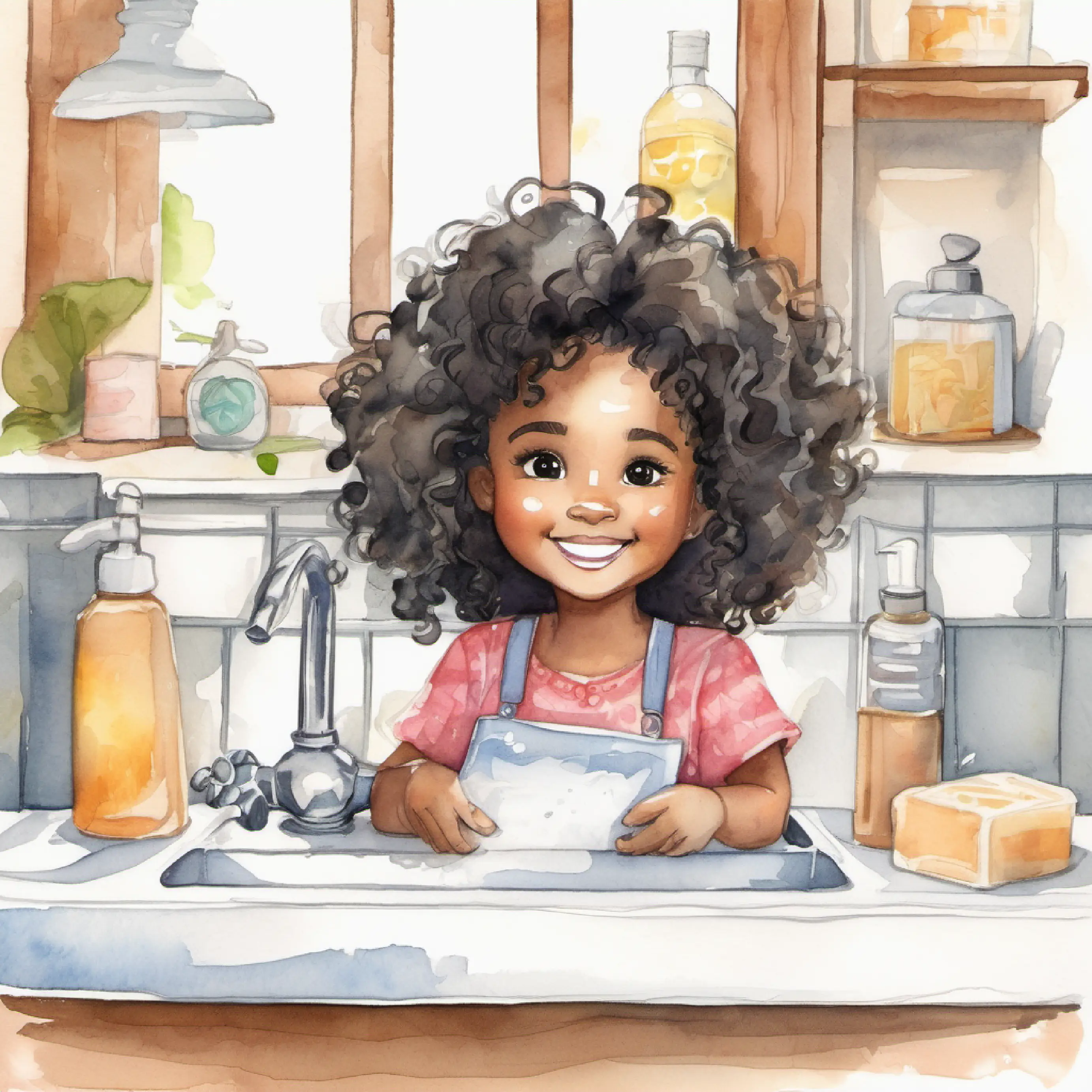 Cheerful girl, brown skin, curly black hair, big brown eyes at the sink, soap bar untouched.