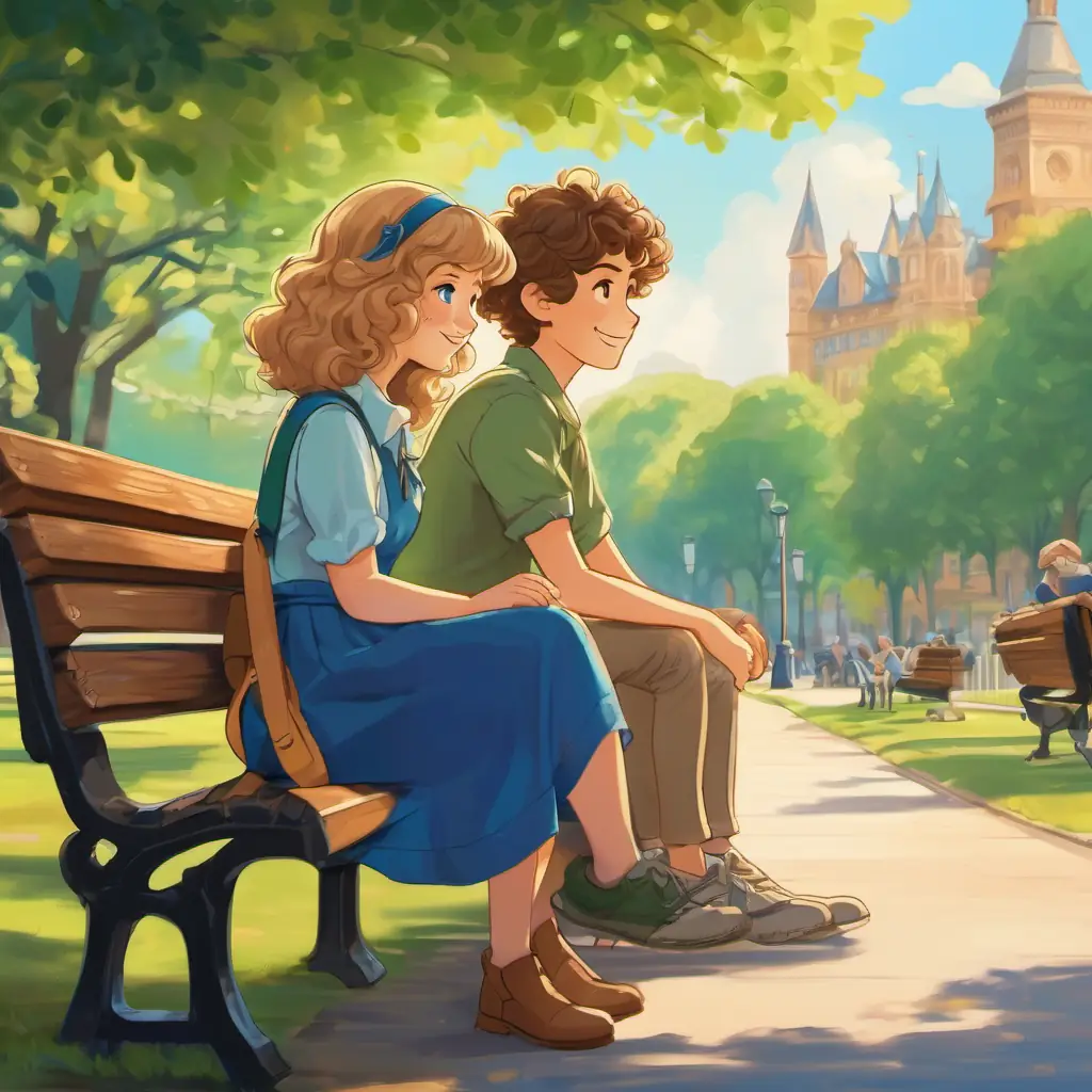 Sarah has beautiful curly brown hair and sparkling blue eyes and Timmy has short blonde hair and twinkling green eyes sitting on a park bench, holding hands and smiling