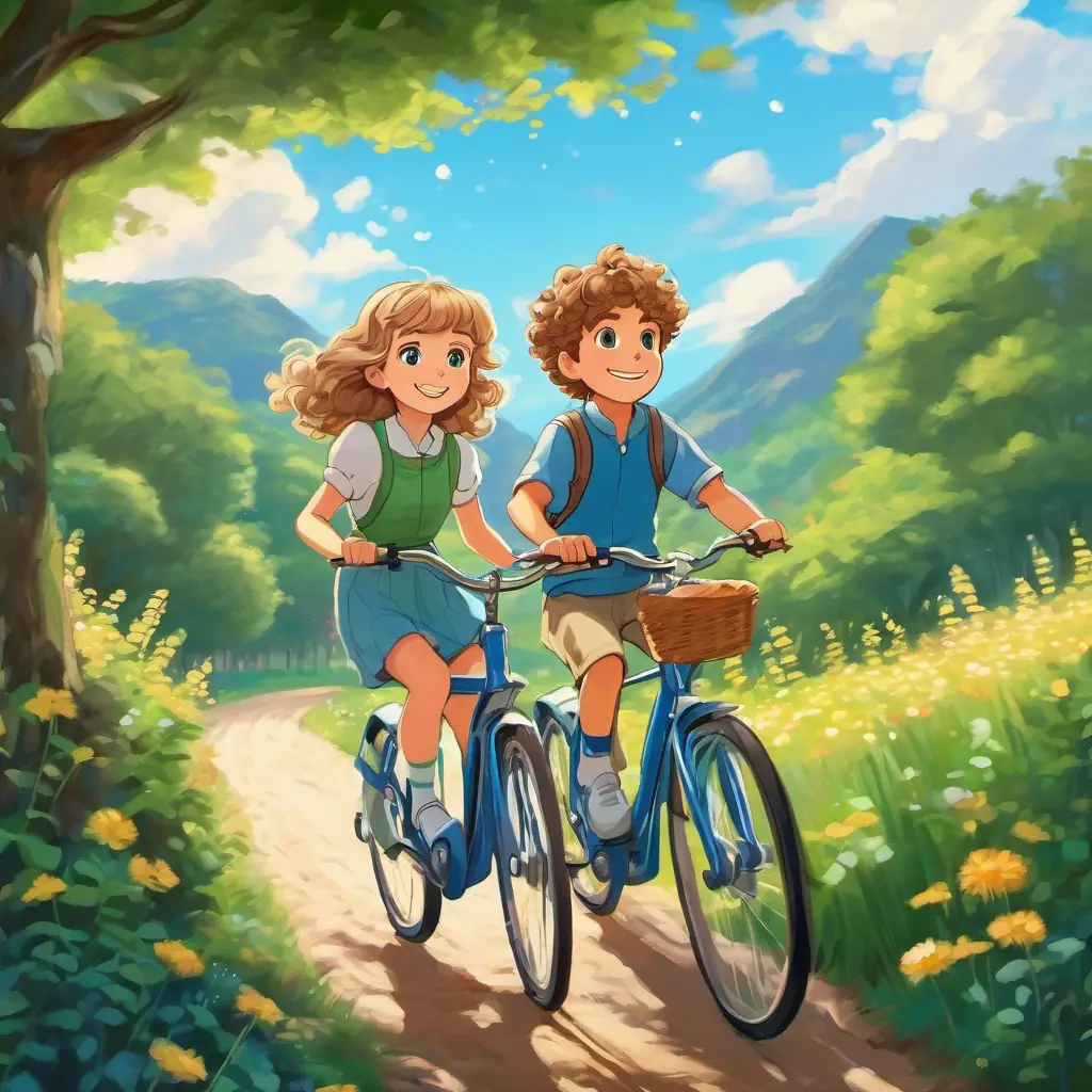 Sarah has beautiful curly brown hair and sparkling blue eyes and Timmy has short blonde hair and twinkling green eyes riding bicycles together, with big smiles on their faces