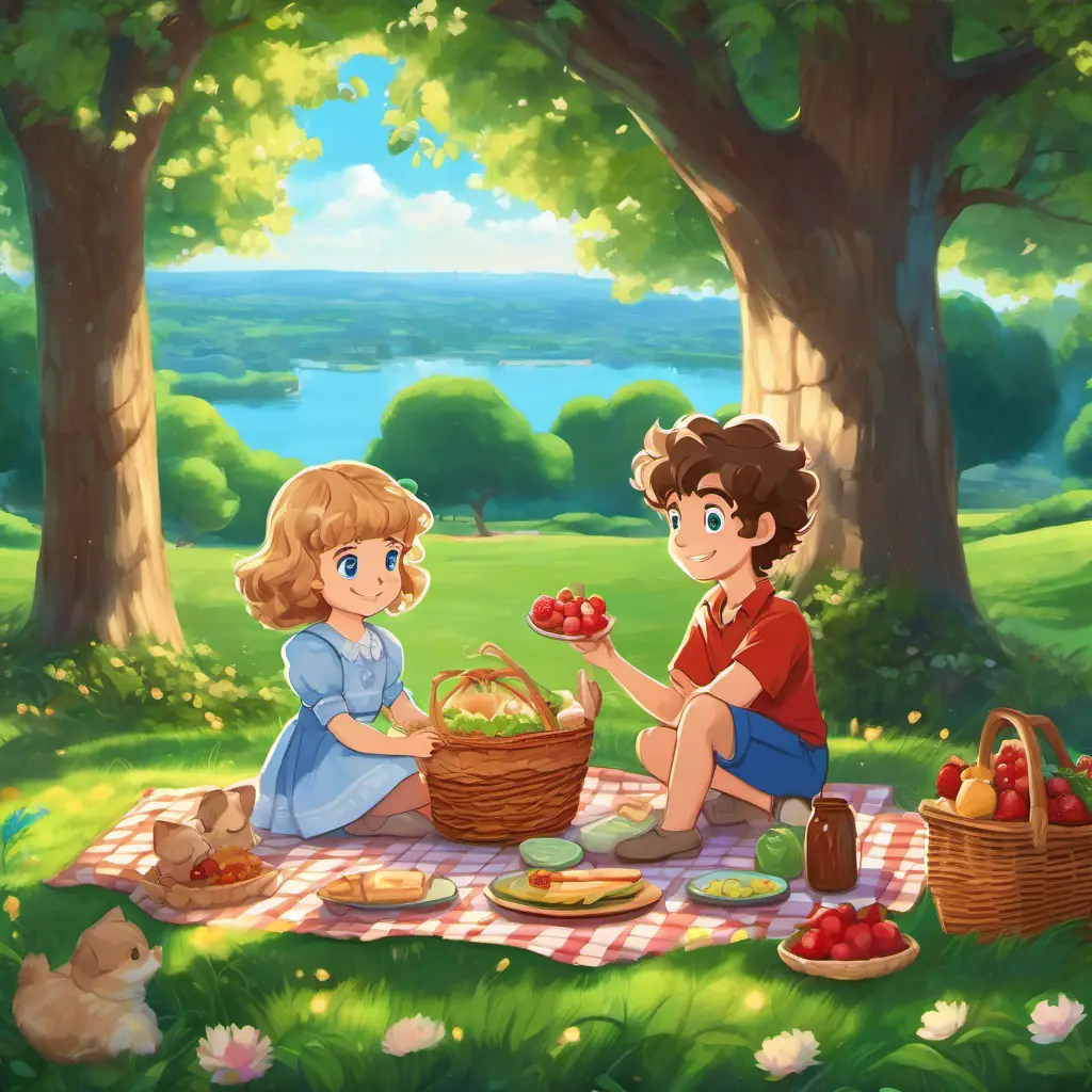 Sarah has beautiful curly brown hair and sparkling blue eyes and Timmy has short blonde hair and twinkling green eyes having a picnic under a tree, holding hands and enjoying their meal