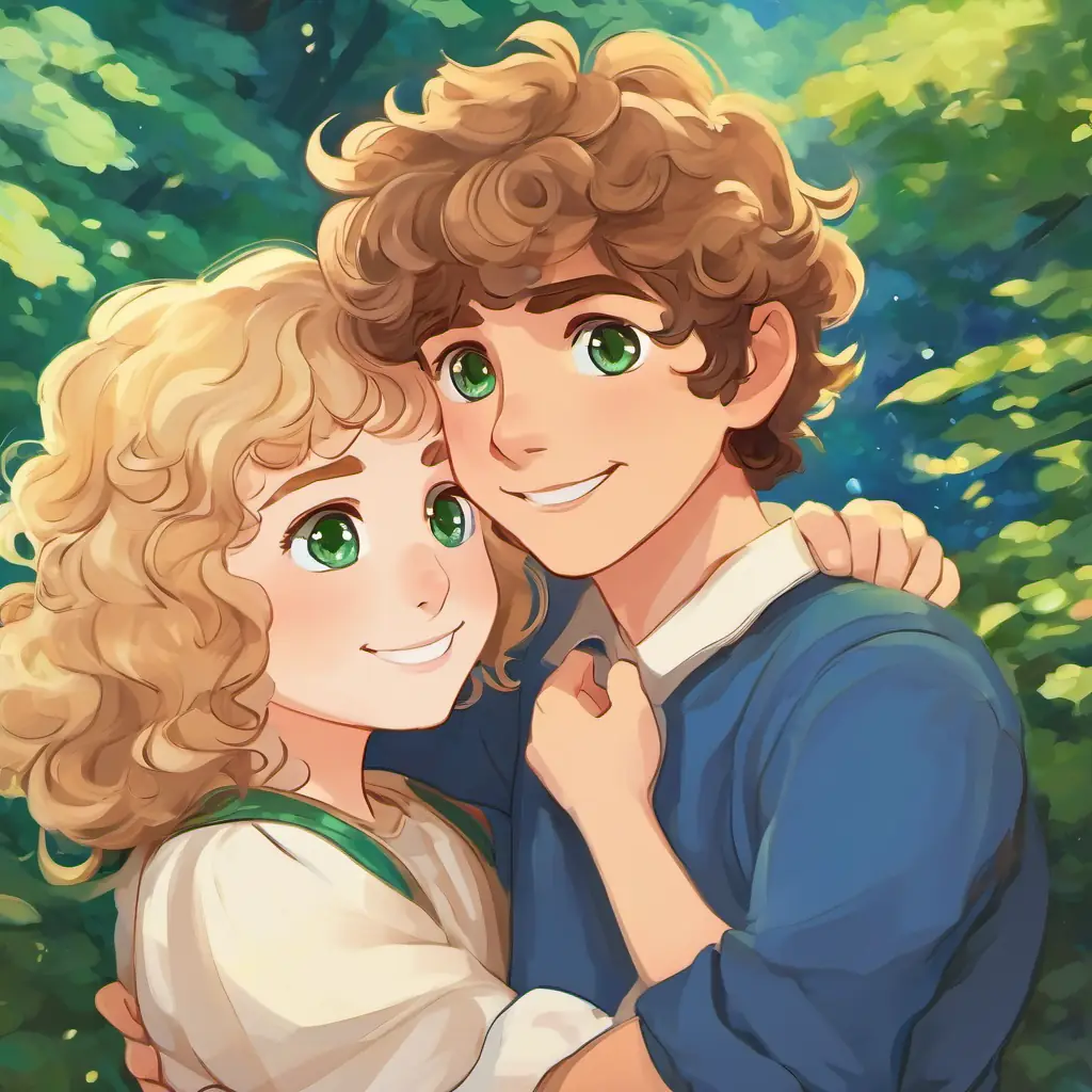 Sarah has beautiful curly brown hair and sparkling blue eyes and Timmy has short blonde hair and twinkling green eyes hugging each other tightly, with radiant smiles on their faces