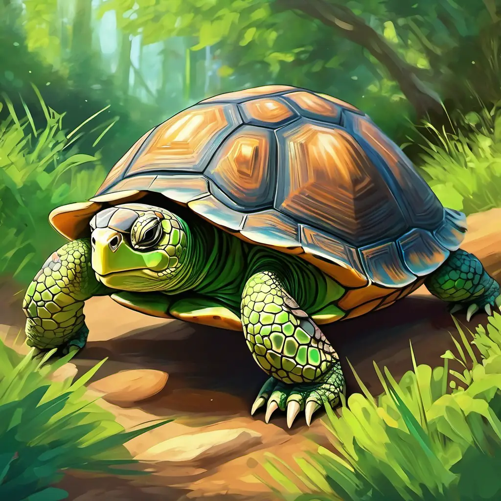 The The Tortoise has a green shell and kind eyes keeps moving forward at a slow pace.