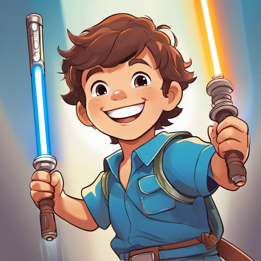 A picture of A boy with brown hair, blue eyes, and a big smile smiling and holding a toy light sabre.