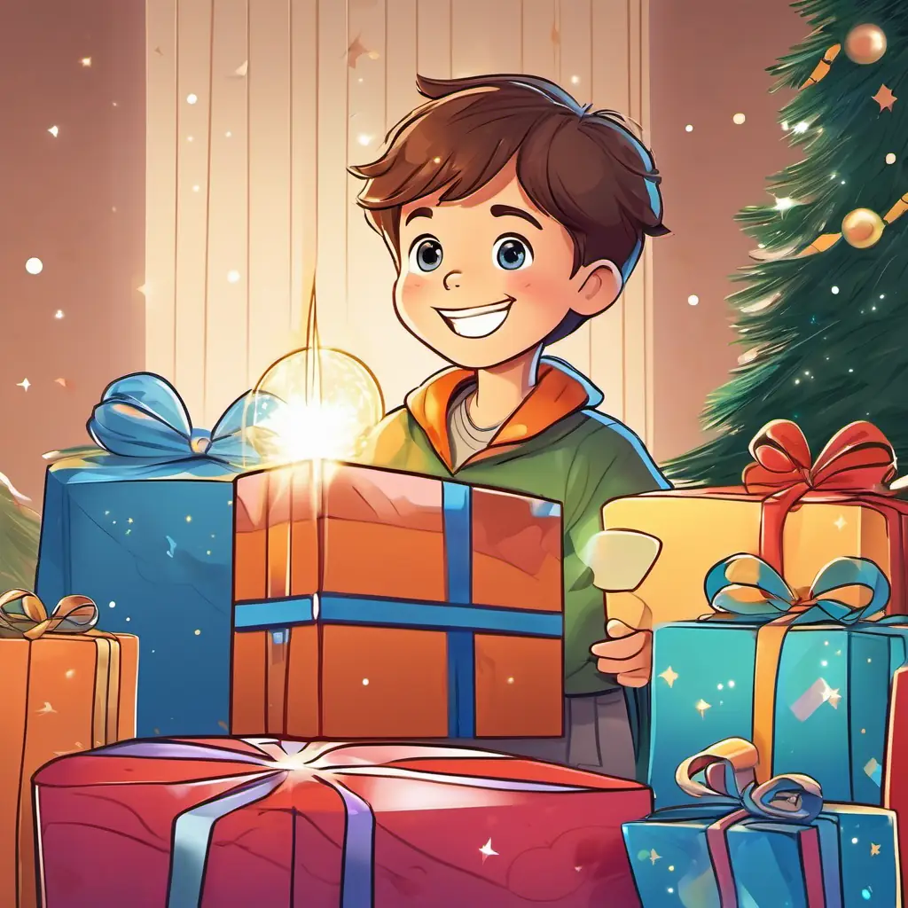 A picture of A boy with brown hair, blue eyes, and a big smile unwrapping a present and finding the awesome light sabre.