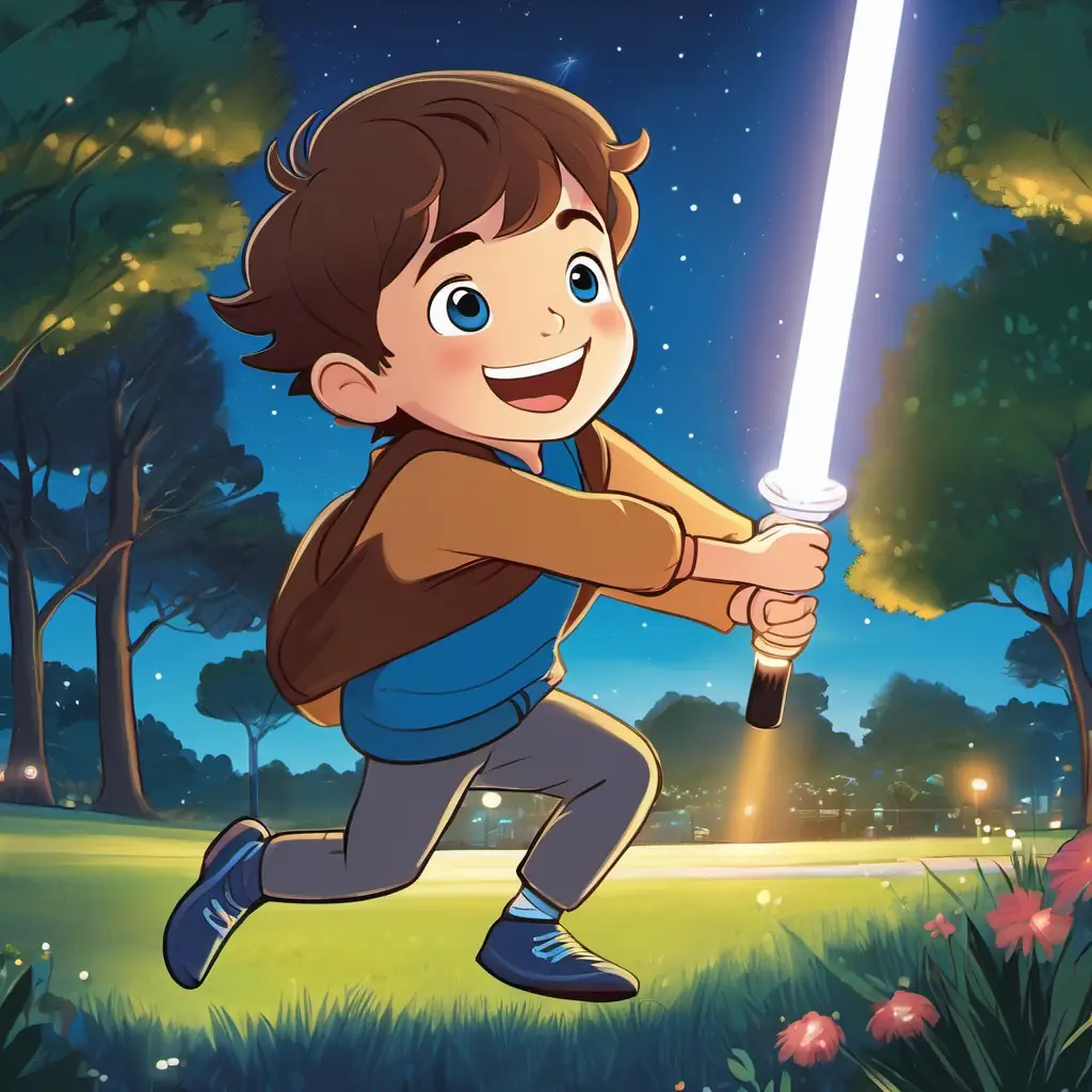 A picture of A boy with brown hair, blue eyes, and a big smile swinging the light sabre in Karori Park at night.