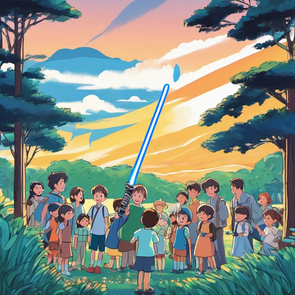 A picture of people gathered in Karori Park, looking amazed at A boy with brown hair, blue eyes, and a big smile's light sabre.