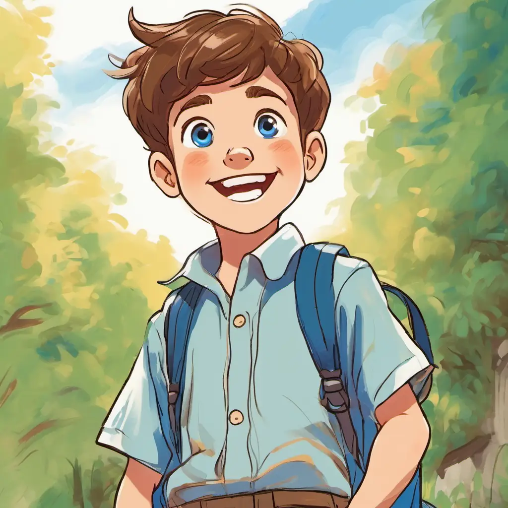 A picture of A boy with brown hair, blue eyes, and a big smile with a big smile on his face, showing determination.