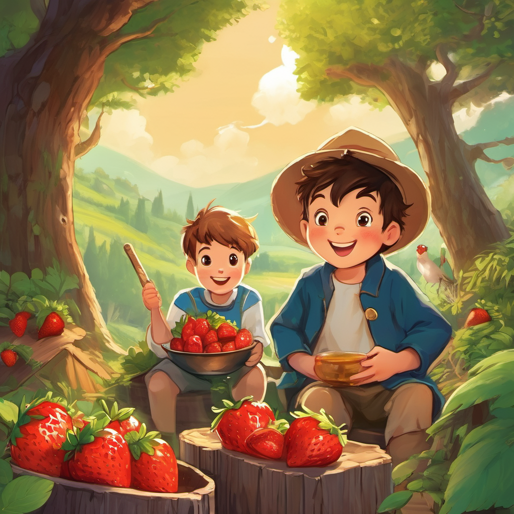 Together, they enjoyed the sweetness of strawberries, the crunchiness of carrots, and the stickiness of honey, laughing and smiling all the while. Oliver's friends were amazed by his bravery in trying new things and thanked him for introducing them to such delightful treats. From that day forward, Oliver and his friends continued to explore and taste new foods. They realized that trying new things wasn't scary but rather an exciting adventure waiting to be undertaken. Oliver had discovered that it's good to try new things because you never know what you might love!