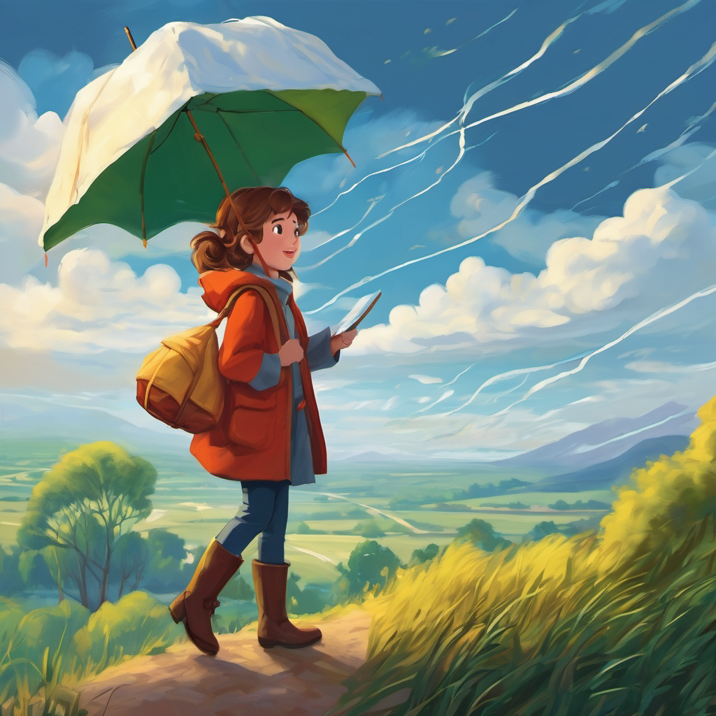 "Nature has a way of predicting and informing us about upcoming weather," explained the kite. "For example, when clouds start to darken and the wind picks up, a thunderstorm might be on its way. Or when you see birds flying south in the fall, it means winter is coming soon!" Wendy was amazed by everything she was learning. She never realized how much the weather could tell us about what was going to happen next. As the days went by, Wendy's understanding of meteorology grew, and she became known as the little weather expert of Sunnyville.