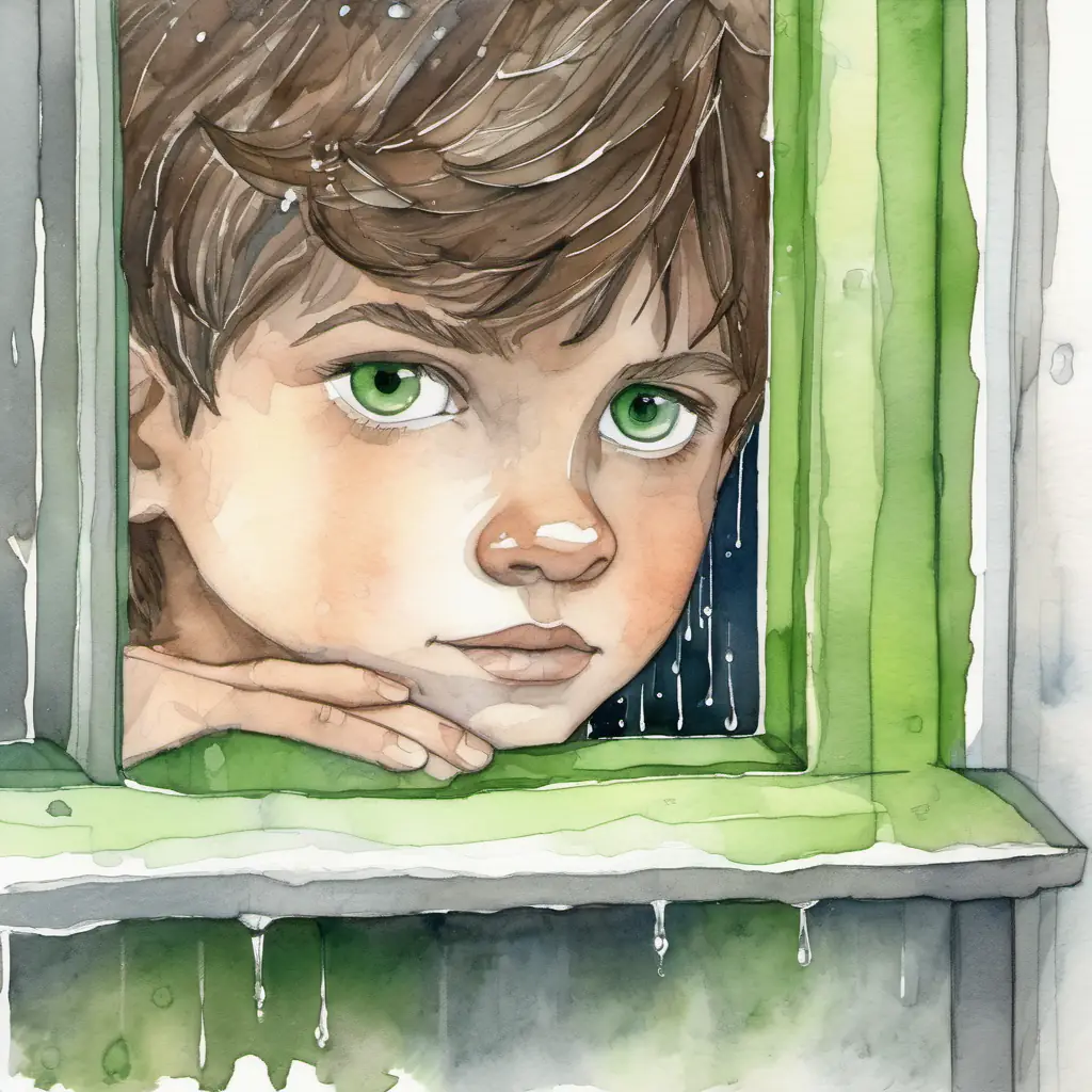 brave boy with brown hair and friendly brown eyes looking out of his window and seeing the lonely tiny and fluffy, with soft gray fur and bright green eyes in the rain