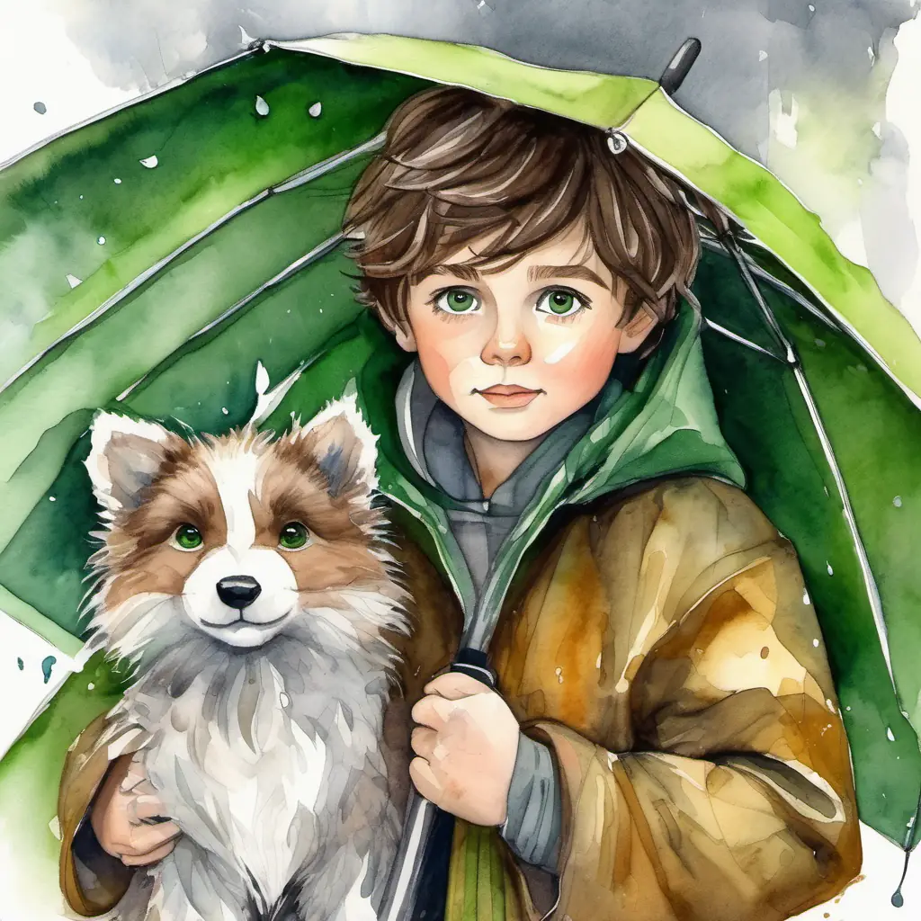 brave boy with brown hair and friendly brown eyes wearing a raincoat, holding an umbrella, and rescuing the scared tiny and fluffy, with soft gray fur and bright green eyes