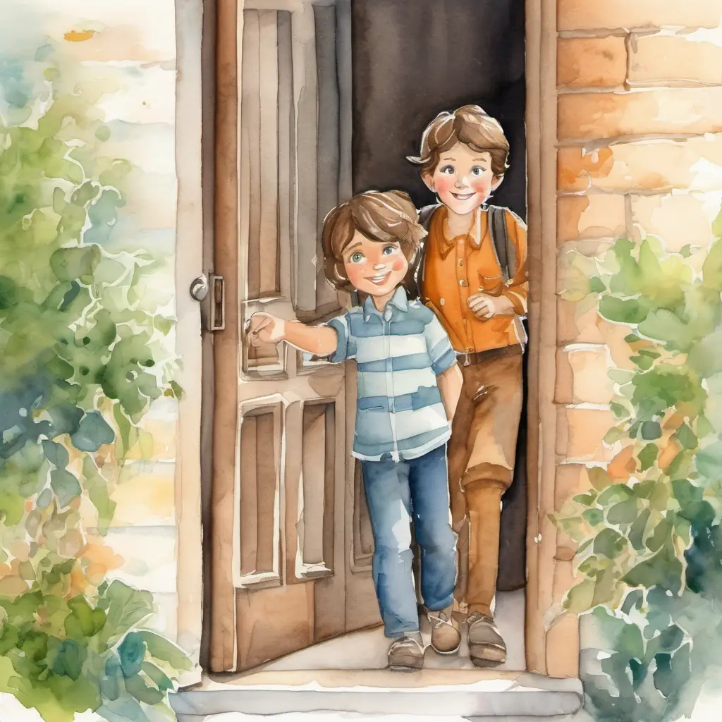 brave boy with brown hair and friendly brown eyes knocking on doors and finding a kind lady who welcomes them
